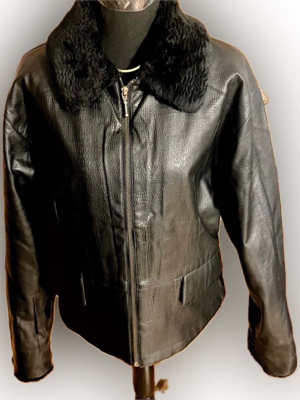 VTG Current Seen Black Faux Leather Aviator Bomber Jacket Fur Collar L